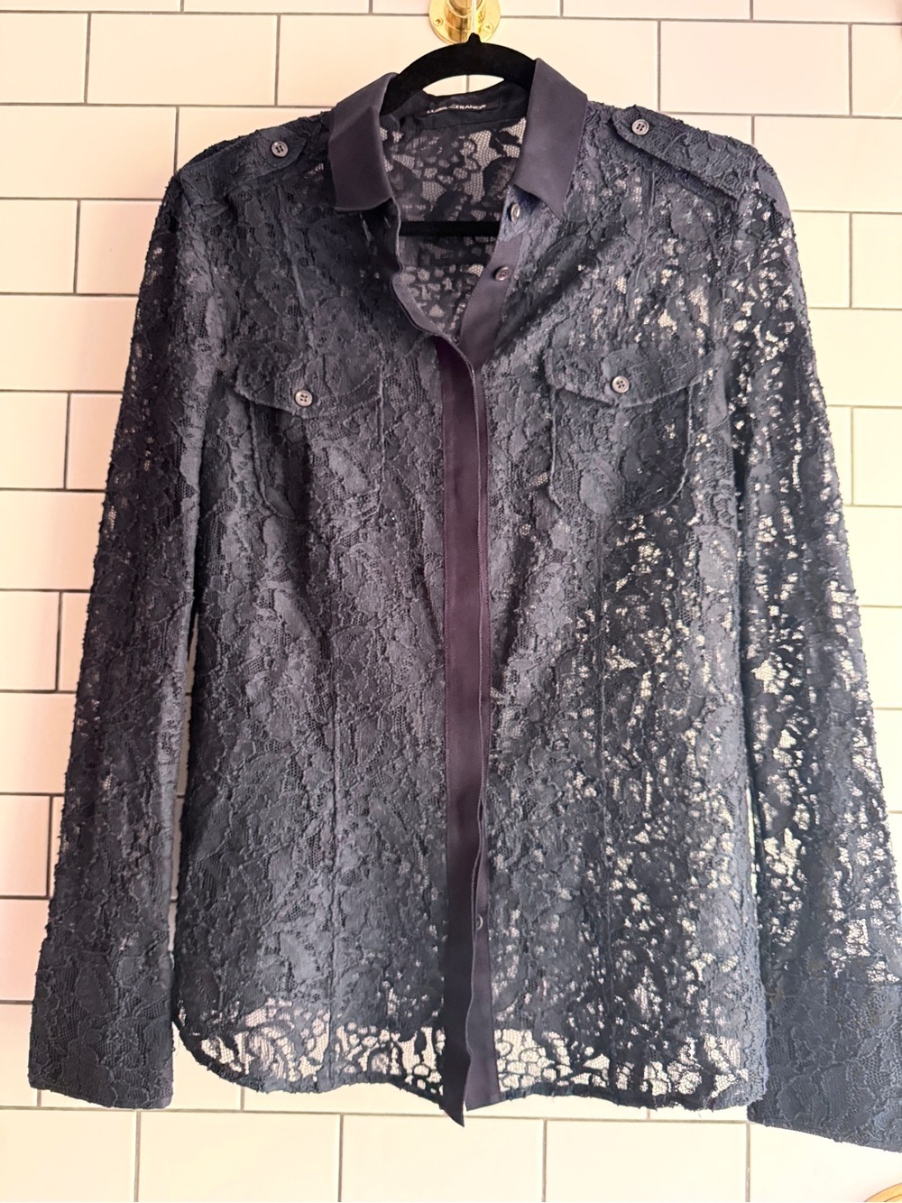 Luxury Designer Sheer Black Lace Button-Front Blouse (QUIET LUXURY)